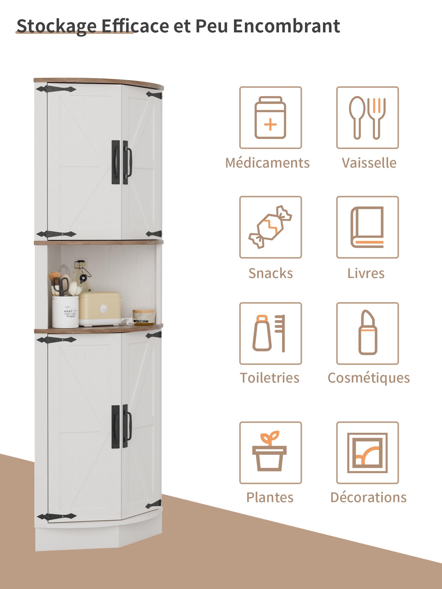 BonVache Meuble d’Angle, Buffet, Meuble de Rangement, Armoire Haute, Armoire Multi-usages pour Salle à Manger, Salon, Bureau, 165x56x41.5 cm, Blanc
