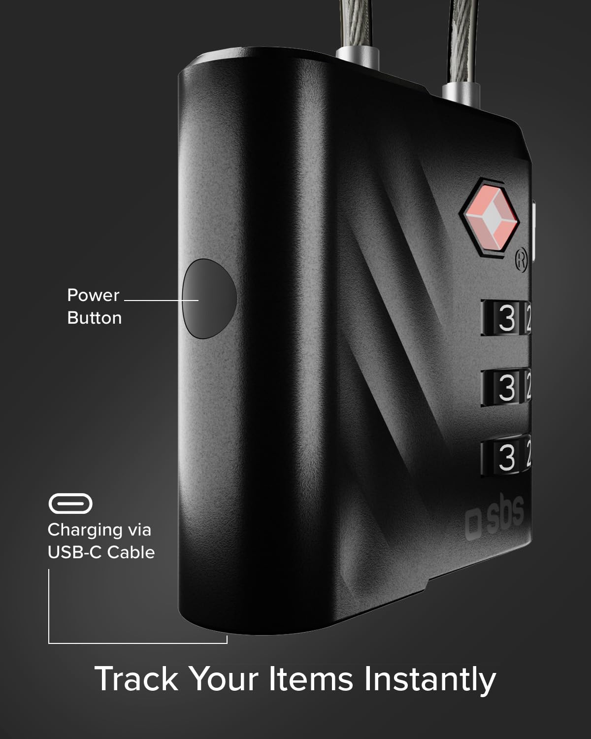 SBS Track My Lock, Zamek TSA z Wbudowanym Lokalizatorem Finder, Kompatybilny z Apple Find My (iOS), Zamek z Kodem 3-cyfrowym, Alarm 60 dB, Ładowanie USB-C, Idealny do Walizek i Toreb, Czarny