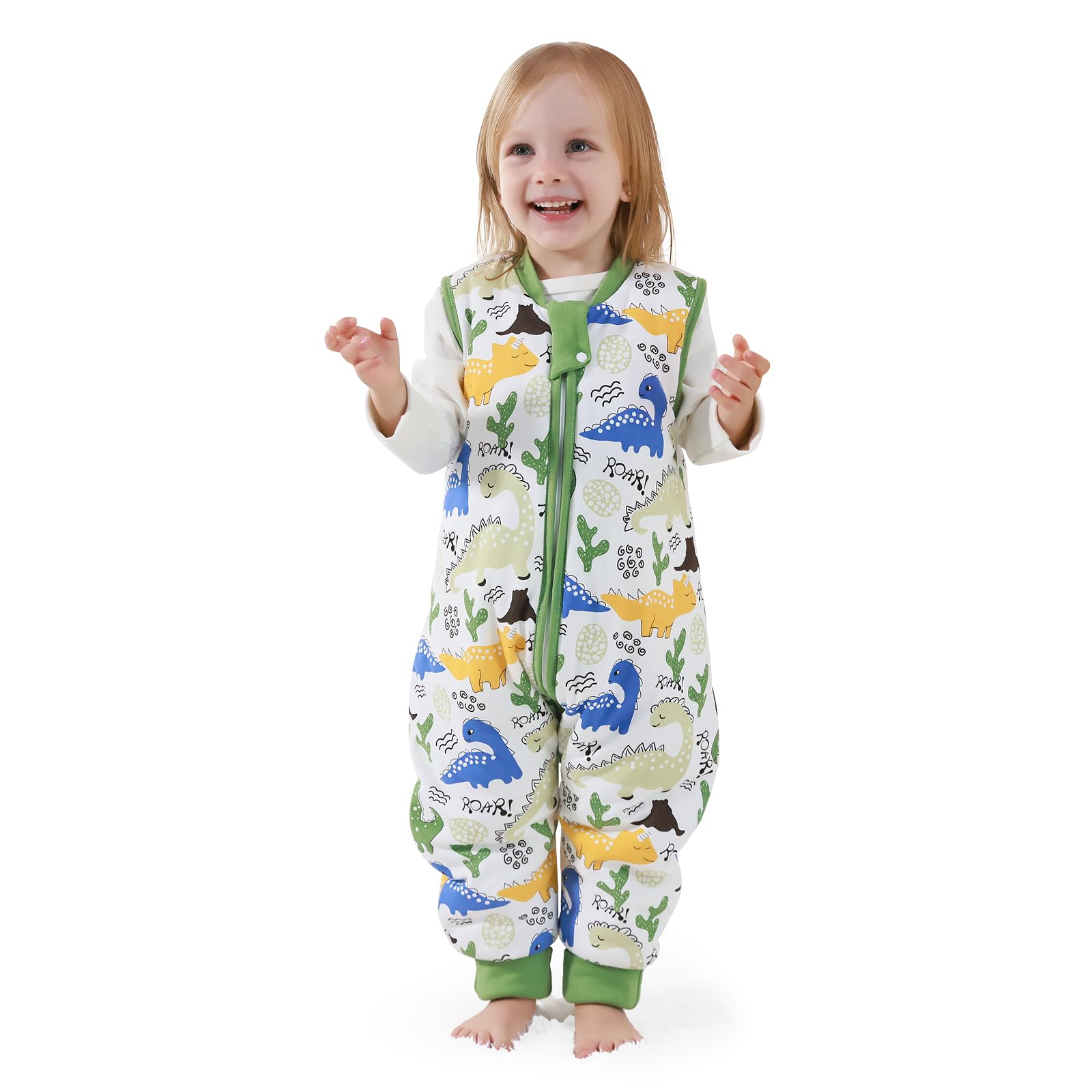 MIKAFEN Bambini Sacco nanna invernale con gambe 2,5 Tog,100% cotone,Sacco nanna con piedini,85-95 cm/18-36 mesi,Dinosauro verde