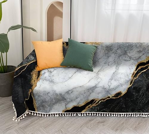 Miniatura 4 de Fundas de sofá violeta cian, azul, acuarela, manchas doradas, verde azulado, malva, morado, mármol, fundas de sofá, suaves con borlas, manta para