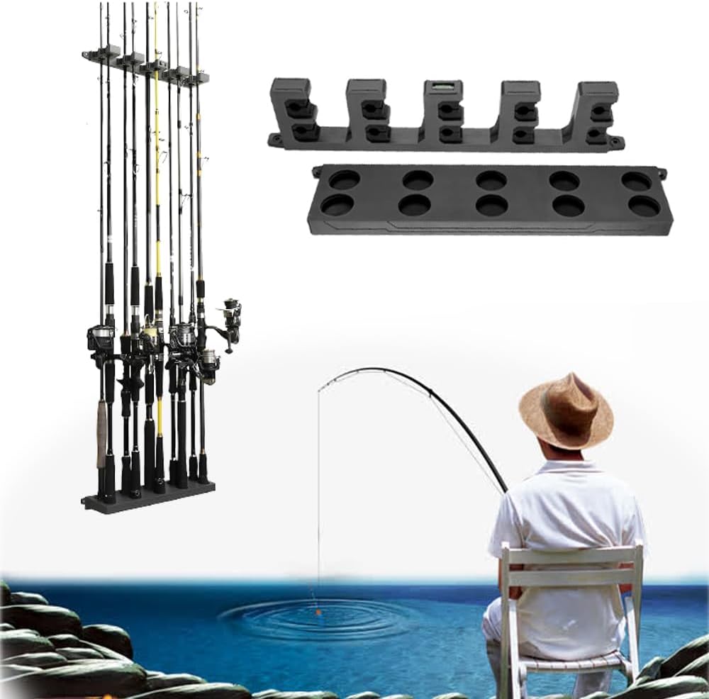 AzoneeFishing Pole Holder, Black Wall Mounted Fishing Rod Holders for Garage, Vertical/Horizontal/Ceiling Three Installation Methods ABS Plastic Store Up to 10 Rods to Save Your Space