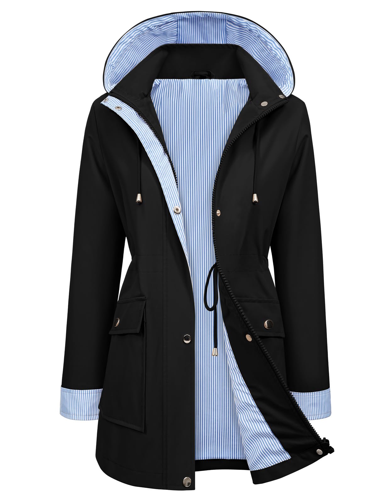 heekpek Veste Imperméable Femme Longue Coupe Vent Rayé Parka de Pluie avec Capuche Léger Manteau Mi Saison Vêtements Printemps Automne Vestes Zippé Chic Blousons d'Extérieur
