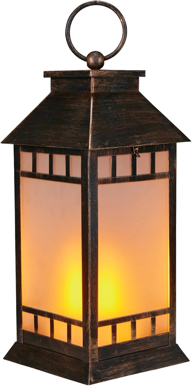 18'' glass solar lantern outdoor waterproof, large hanging solar lanterns with flickering flame lights, metal outdoor lantern decorative for patio garden backyard tabletop mothers day gifts mom antique bronze