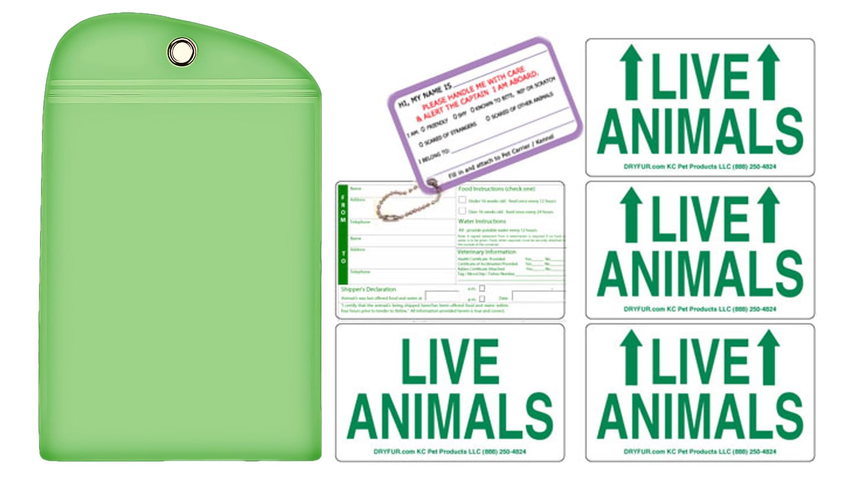 DryFur Live Animal Label Set of 5 Stickers w/Pet Passport Pouch Green