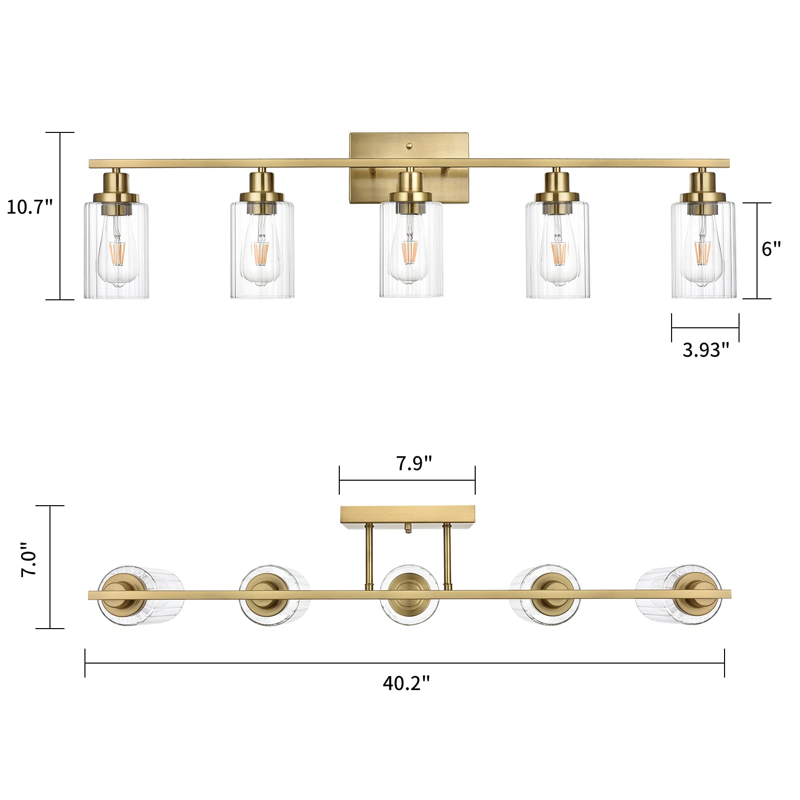 Gold Bathroom Light Fixtures, 5 Light Brushed Gold Bathroom Vanity Lights with Clear Grooved Glass Shade, Modern Gold Bathroom Lights Over Mirror, Vanity Lighting Fixtures,40.2"W x 10.7"H