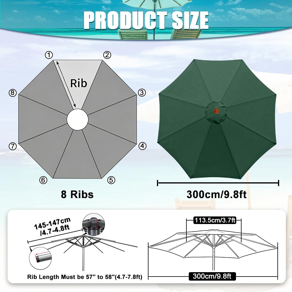 Copertura di ricambio per ombrellone, 300 cm, 8 costole, impermeabile, protezione UV, copertura per ombrellone, per il mercato esterno, per il tavolo, baldacchino, in tessuto di ricambio, senza