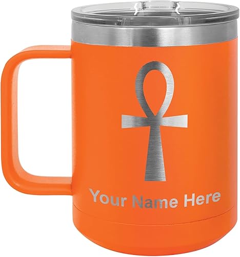 LaserGram 15oz Vacuum Insulated Coffee Mug, Ankh, Personalized Engraving Included (Orange)