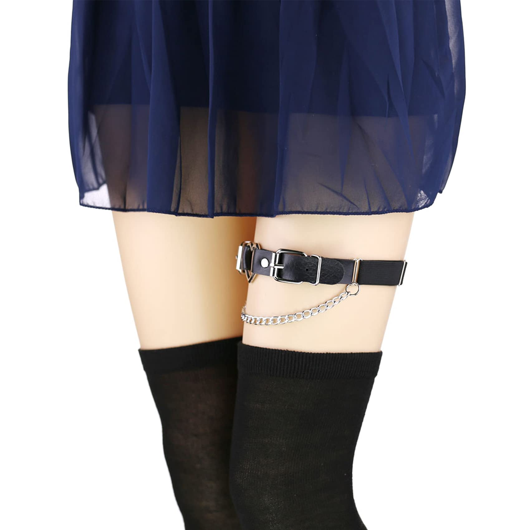 2PCs Leather Leg Garter with Chains, Elastic Rock Heart Thigh Garter for Women