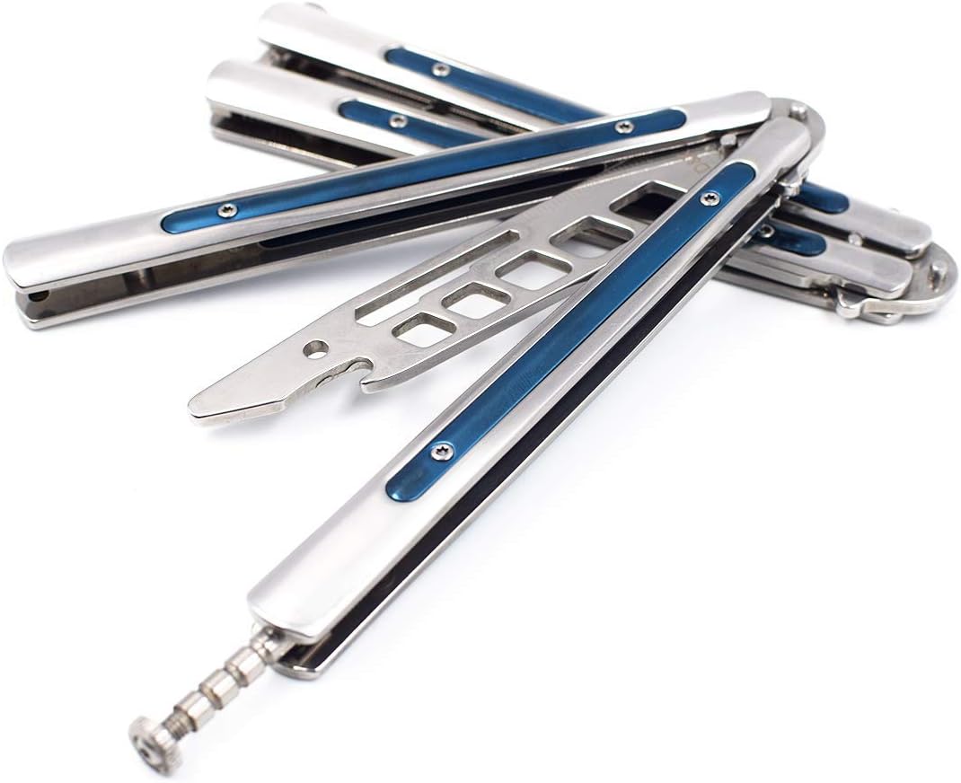 D&Kmall Shark is Coming! Hide Your Beer for Training and Practice, Strong and Durable! Balisong Style Bottle Opener Butterfly knife Design Spanner(Blue)