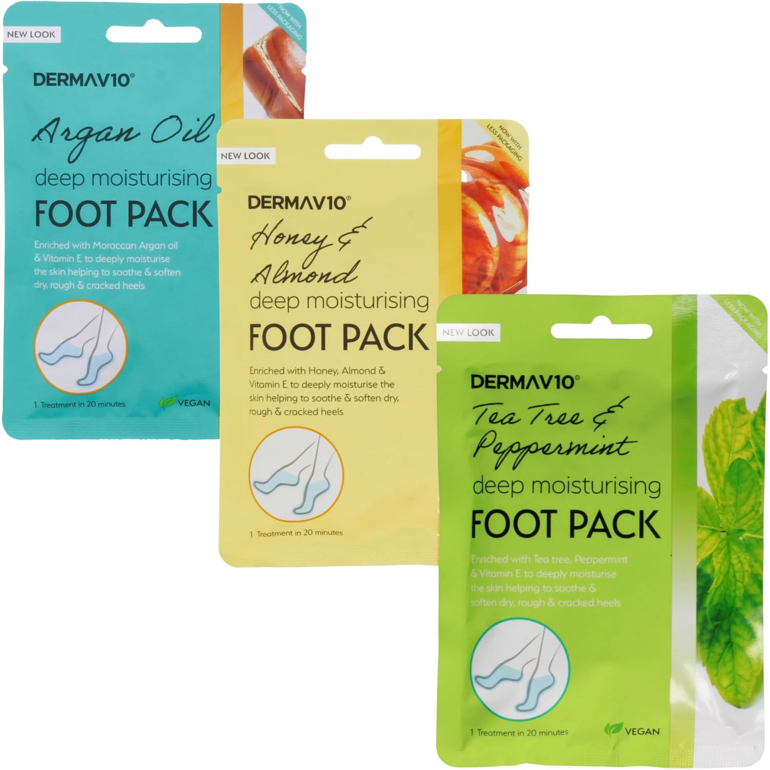 Derma V10 Foot Pack Bundle Tea Tree & Peppermint, Honey & Almond, Argan Oil, One Pack Each