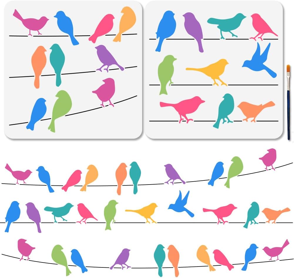 MAYJOYDIY 2 PCS Birds on Wires Stencils 11.8×11.8 Inches Sparrow Silhouette Reusable Stencils Flying Bird Drawing Stencil Templates with Paint Brush for Wood Furniture Wall Fabric