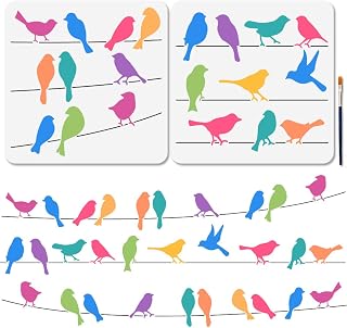 MAYJOYDIY 2 PCS Birds on Wires Stencils 11.8×11.8 Inches Sparrow Silhouette Reusable Stencils Flying Bird Drawing Stencil Templates with Paint Brush for Wood Furniture Wall Fabric