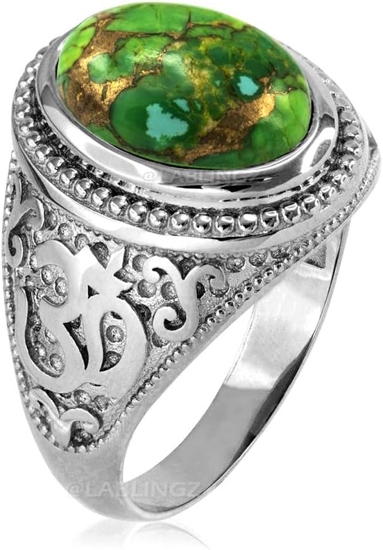LA BLINGZ 14K White Gold Om (aum) Oval Green Copper Turquoise Ring