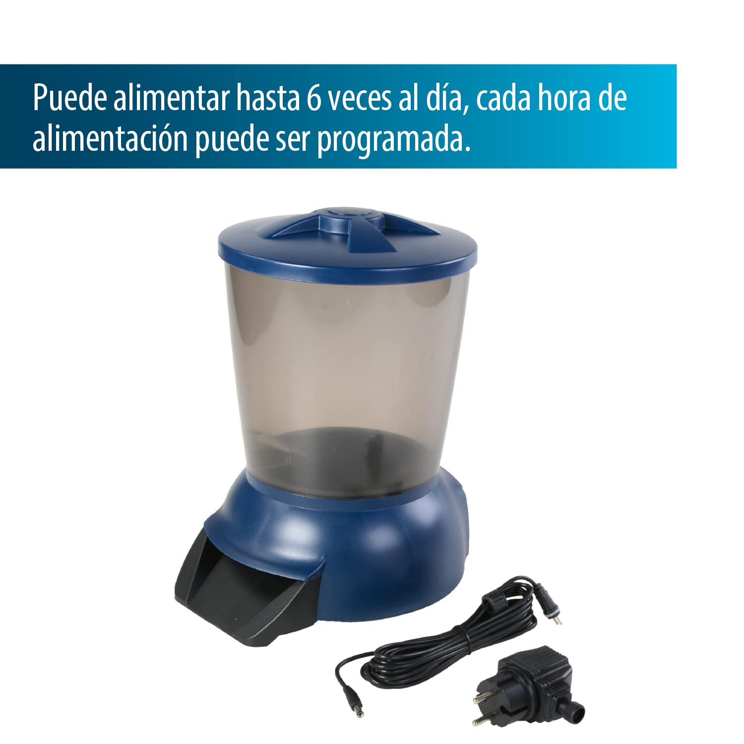 AquaForte Alimentador automático de peces de 5 litros con baterías de 1,5 V y transformador de 12 V, 6 comidas diarias, tiempo y cantidad de alimentación ajustables, pantalla LED, cable de 5 m