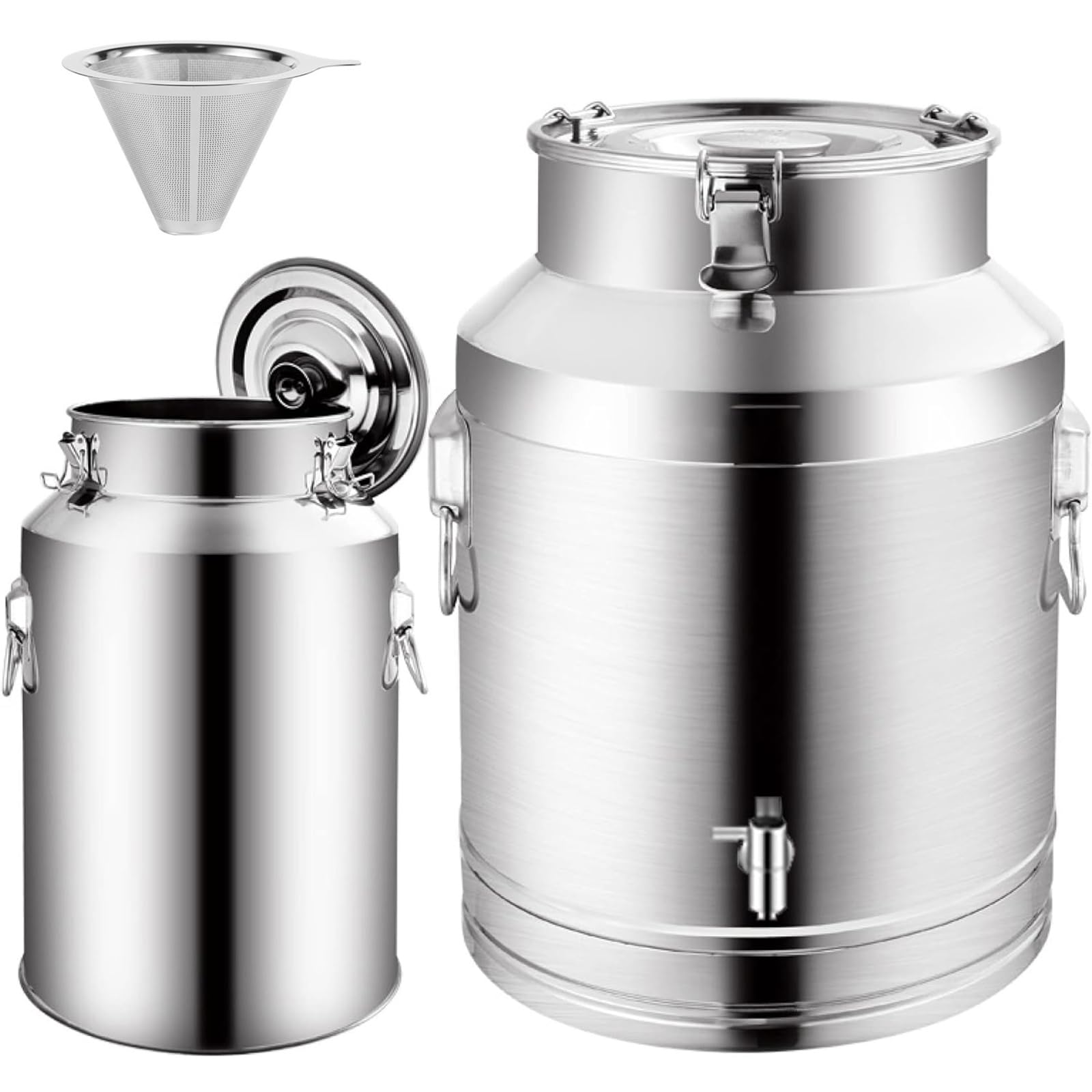Luftdichte Edelstahl-Milch-Vorratsdose mit Wasserhahn, 24 l Brüheimer, Wassertank, Heimbrauzubehör mit 250 Netztrichter