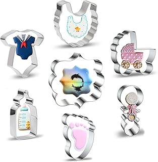Baby Shower Cookie Cutter Set - 7 Piece - Baby Carriage, Onesie, Bib, Rattle, Bottle, Foot and Plaque Frame Cookie Cutters...