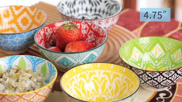Colorful microwave-safe ceramic bowls with vibrant patterns