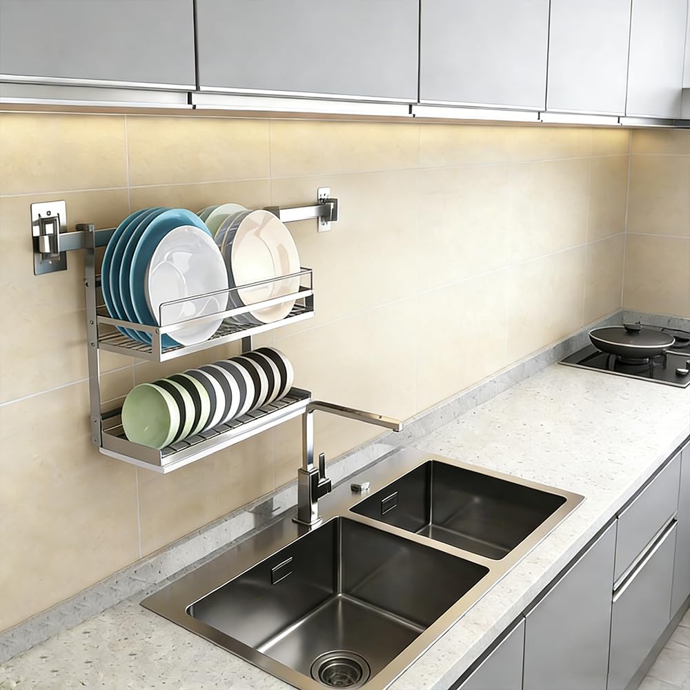 TentHome Scolapiatti Pensile Acciaio Inox con Vassoio Antigoccia, Scola da Parete, Porta Piatti da Muro, Portapiatti da Cucina, Piattaia da Appendere Salva Spazio Supporto Rack di Archiviazione