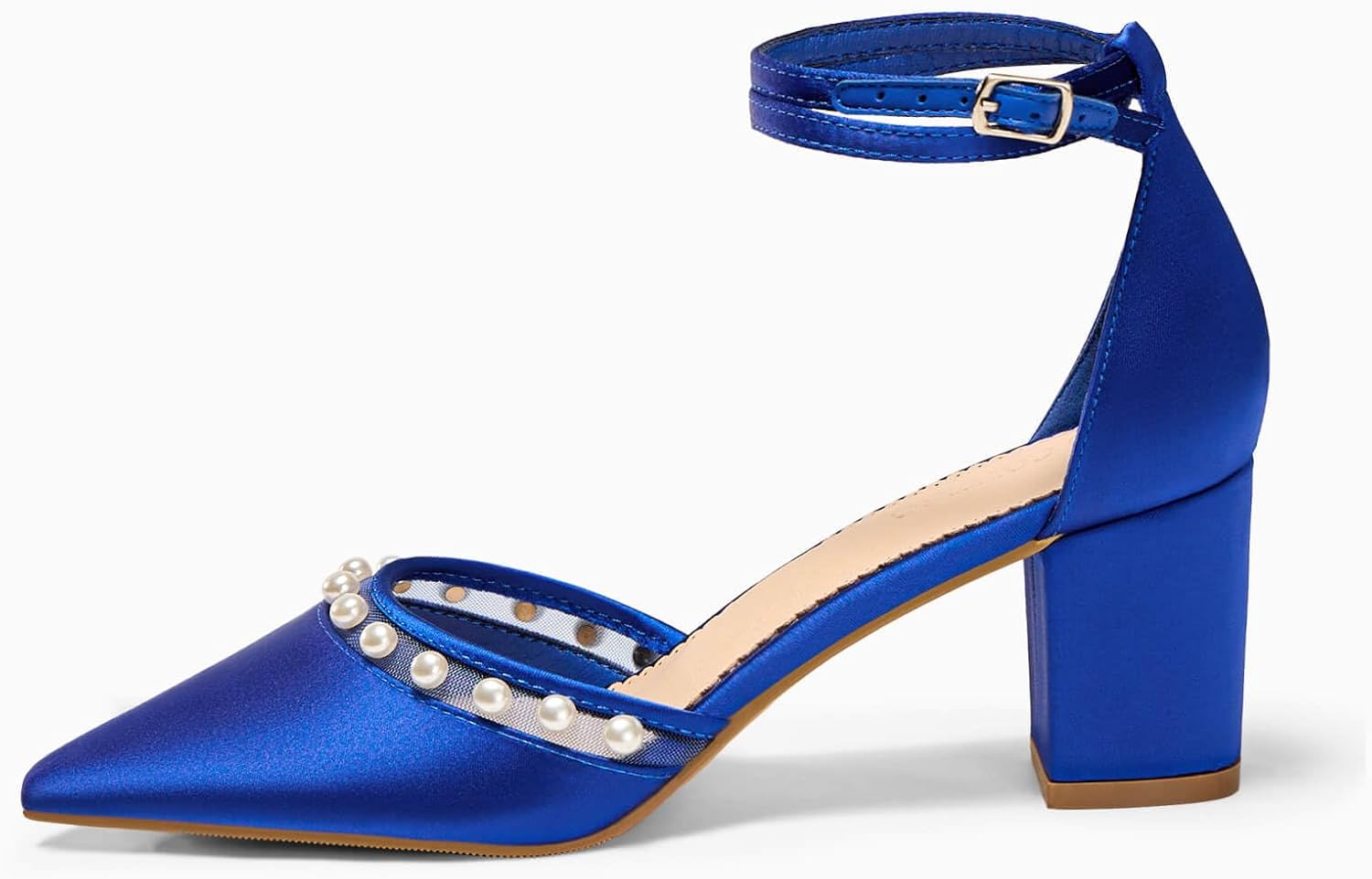 Coutgo Womens Pearl Chunky Heels Wedding Shoes for Bride Closed Pointed Toe Ankle Strap Satin Pumps - Image 4