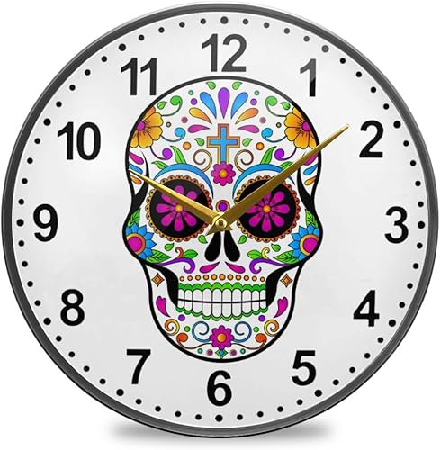 Miniatura 1 de ALAZA Dia De Muertos - Reloj de pared con calavera de azúcar mexicana, funciona con pilas, silencioso, sin tictac, para decoración de sala de estar,