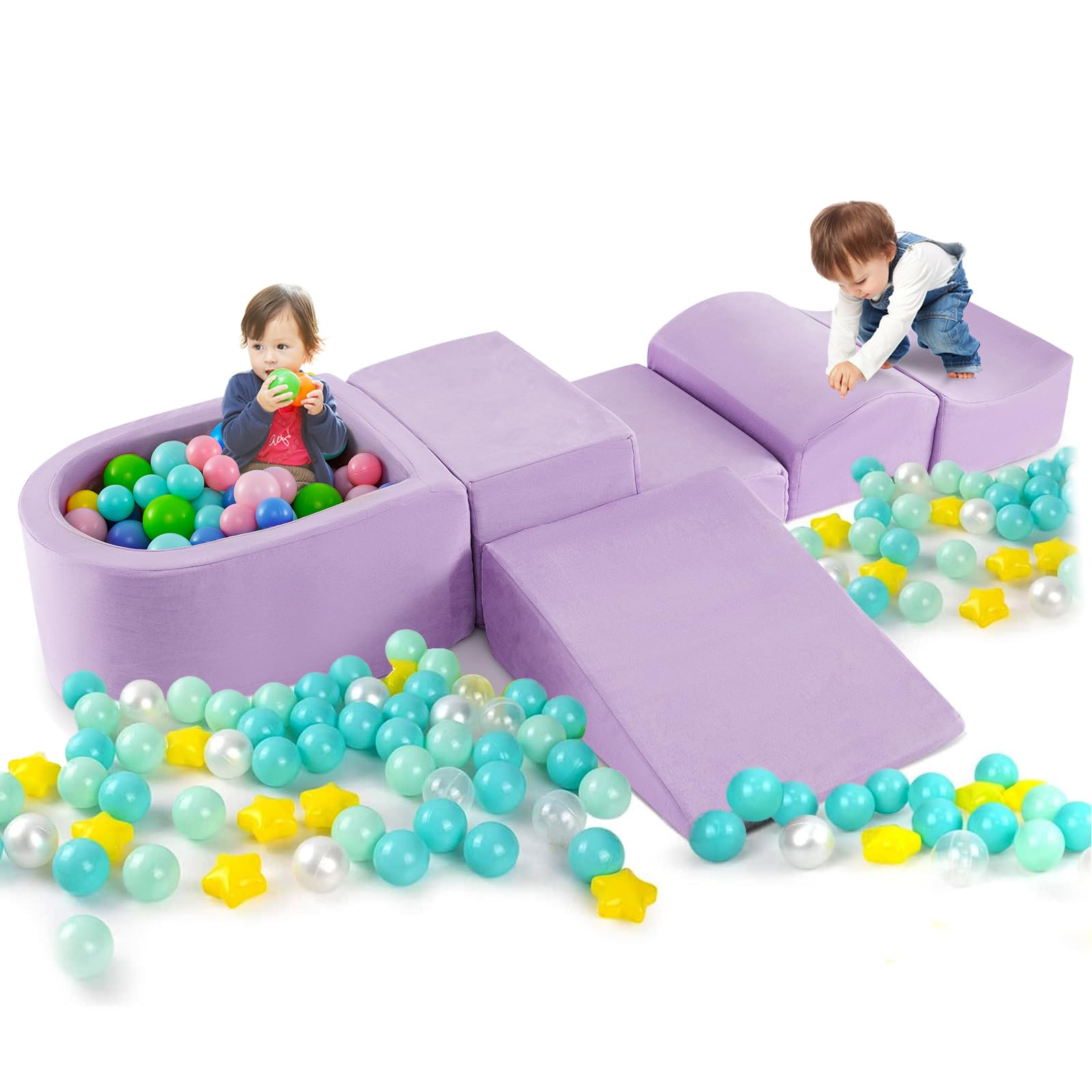 GOPLUS Schaumstoffbausteine mit Bällebad, 5-teiliges Softbausteine mit Wildlederbezug, Hochdichtes Schaumstoff, Weiche Riesenbausteine für Kleinkinder zum Klettern, Ohne Bällebad (Lila)