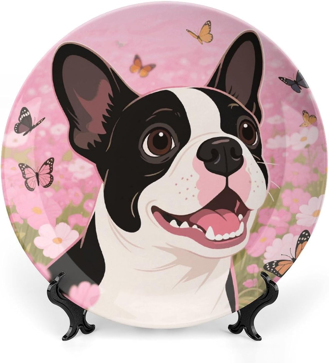 Cartoon Dogs Face Round Art Ceramic Plates Modern Art Bone China Dinner Plates with Display Stand & Wall Hook for Wall Hanging Decoration Home, Kitchen Or Table Decor