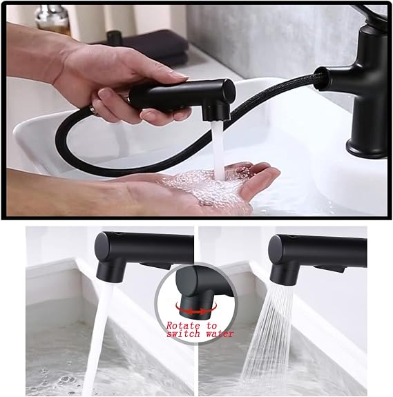 Bathroom Faucet with Pull Out Sprayer Single Hole Dual Mode Basin Mixer Tap for Hot and Cold Water Retractable Single Handle Basin tapsLavatory Pull Down Sink Faucet,Gun Grey (Color : Matte Black)