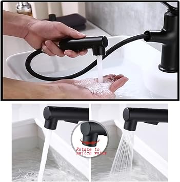 Bathroom Faucet with Pull Out Sprayer Single Hole Dual Mode Basin Mixer Tap for Hot and Cold Water Retractable Single Handle Basin tapsLavatory Pull Down Sink Faucet,Gun Grey (Color : Matte Black)