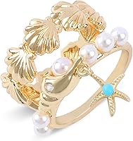 Chicgrowth Double Layer 14K Gold Plated Seashell Pearl Flower Ring with Starfish Dangle - Ocean Theme Stackable Bohemian Beach Ring for Women
