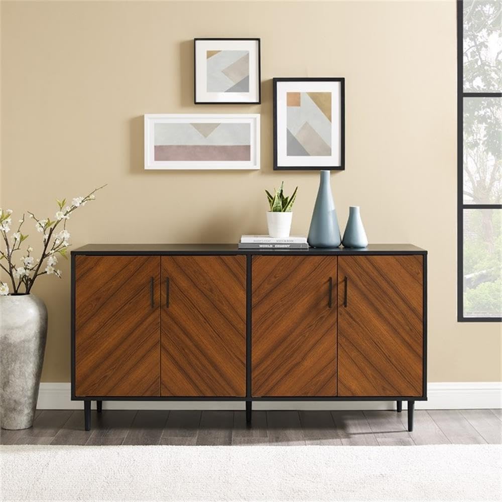 BOWERY HILL 58" Wood Buffet Cabinet Table, Acorn Brown/Black, MDF & Metal Construction, Bookmatch Style, Adjustable Feet, Mid-Century Modern Storage for Kitchen or Living Room