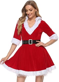 Women Santa Costume Mrs.Claus Plush Dress Christmas Hooded Long Sleeve Midi Party Cosplay Dress