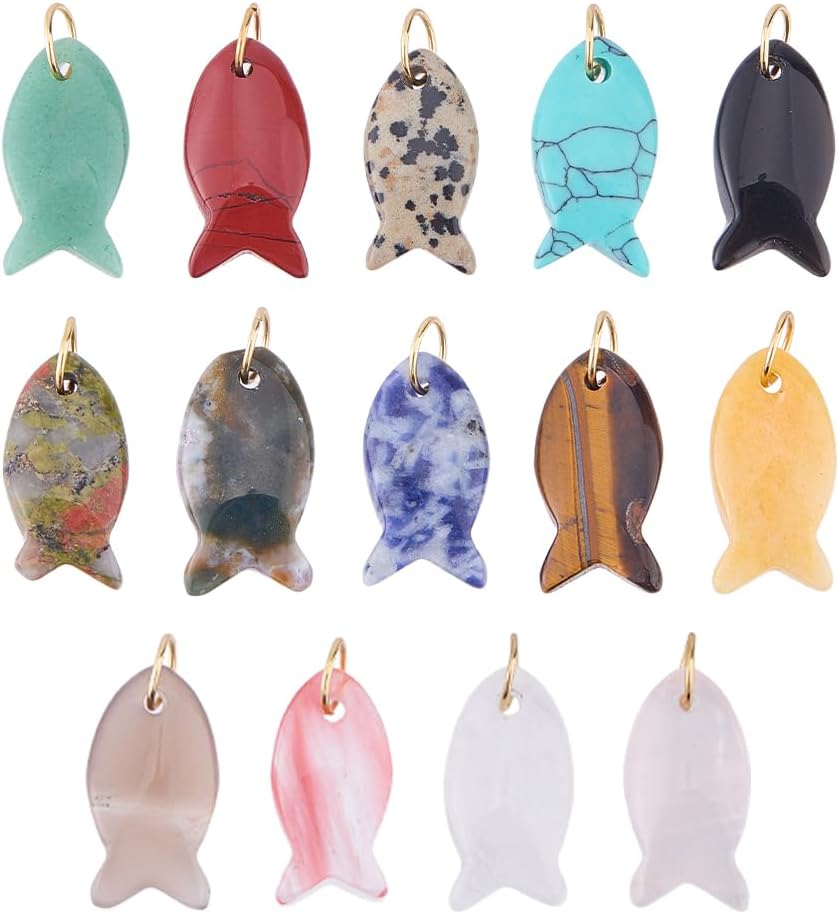 SUPERFINDINGS 14Pcs 14 Colors Gemstone Fish Charms Natural Stone Fish Charms Tropical Fishes Pendants Cute Crystal Sea Animal Pendants with Stainless Steel Jump Ring for Jewelry Making