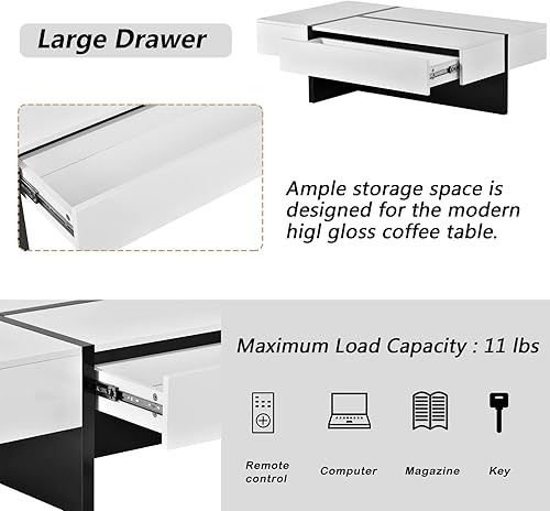 Miniatura 4 de Betoko Mesa auxiliar de alto brillo con cajón, mesa de centro de 45 pulgadas con almacenamiento, mesa de cóctel rectangular para sofá, mesa auxiliar