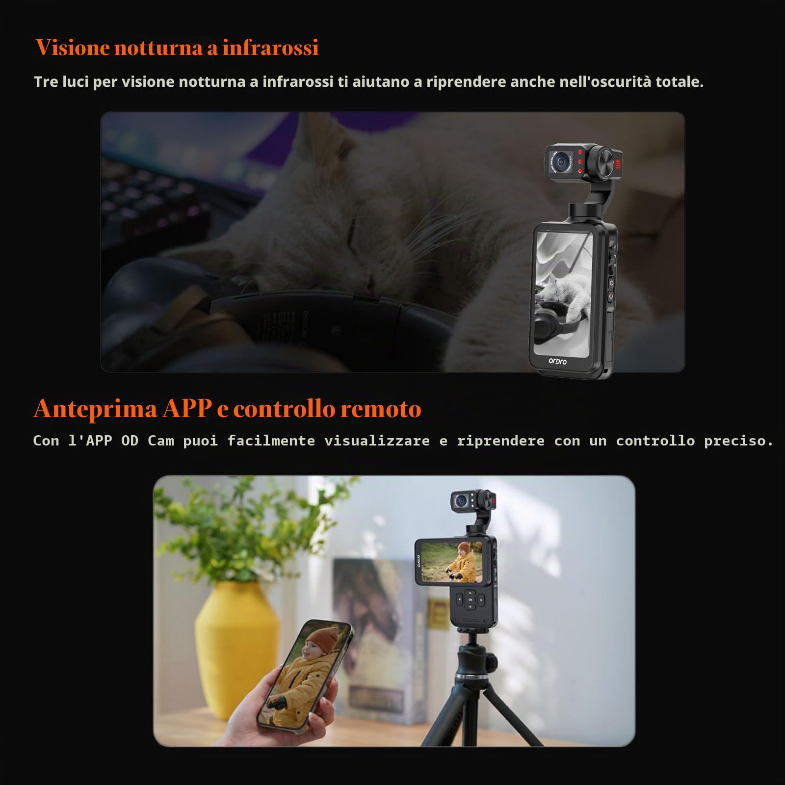 ORDRO M5 5K - Fotocamera da Vlogging con Stabilizzatore a 3 assi, angolo ultra ampio di 120°, visione notturna a infrarossi, schermo IPS girevole da 3,5", piccola videocamera da Vlog con scheda SD da