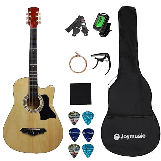 Joymusic 38 inch natural beginner acoustic guitar kit,bundle with a strap with picks holder,digital tuner, set strings, capo,cleaning cloth,6 picks,gig bag.(JG-38C,NA)
