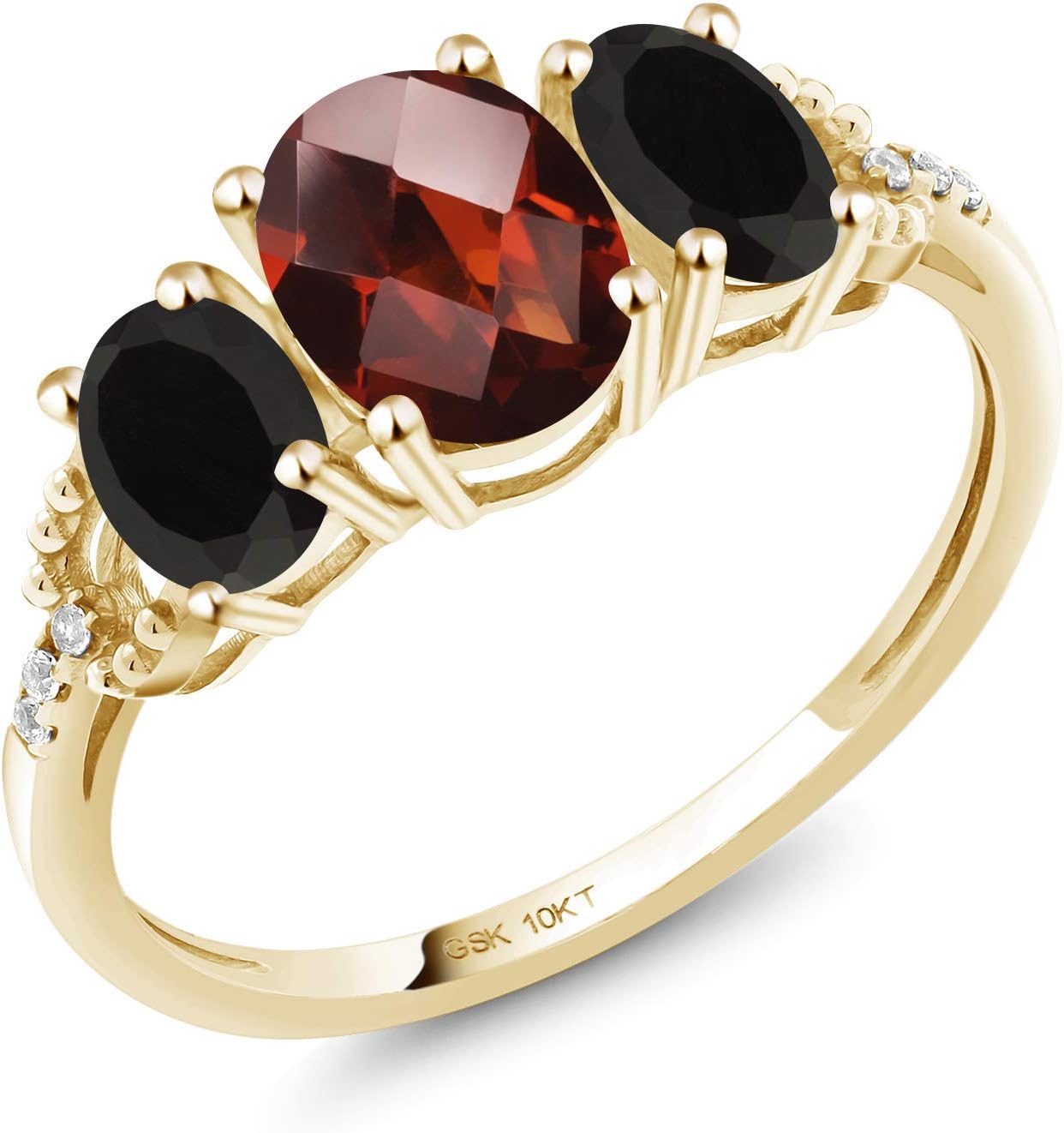Gem Stone King 10K Yellow Gold Oval Checkerboard Red Garnet Black Onyx and Diamond Women Engagement Ring (1.82 Cttw, Gemstone Birthstone)