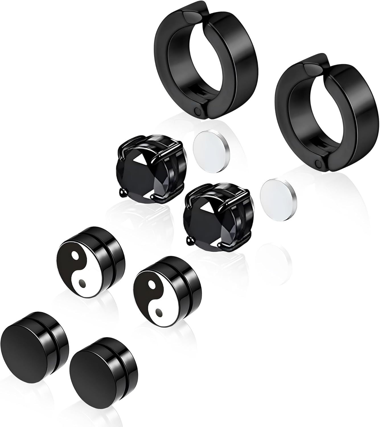 Aretes negros para hombre, 4 pares de aretes de acero quirúrgico, hipoalergénicos Aritos para Hombre, juego de aretes negros para hombre y mujer,