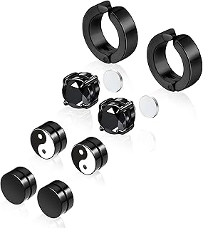 Magnetic Earrings for Men and Women, 4 Pairs Clip on Earrings Stainless Steel Stud Earrings Hypoallergenic Cubic Zirconia Studs Small Non-piercing Silver Ear Cuff Black Fake Earring Set 6-8MM