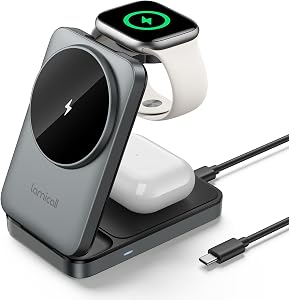 Lamicall Compact 3 in 1 Charging Station for Apple - Portable Wireless Charger for Safe Mag Foldable, Magnetic Stand for Smartphones, Travel Nightstand for iPhone 17, 16, 15, 14, Apple Watch, AirPods