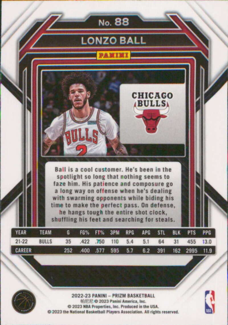 Amazon.com: 2022-23 Panini Prizm #88 Lonzo Ball Chicago Bulls NBA