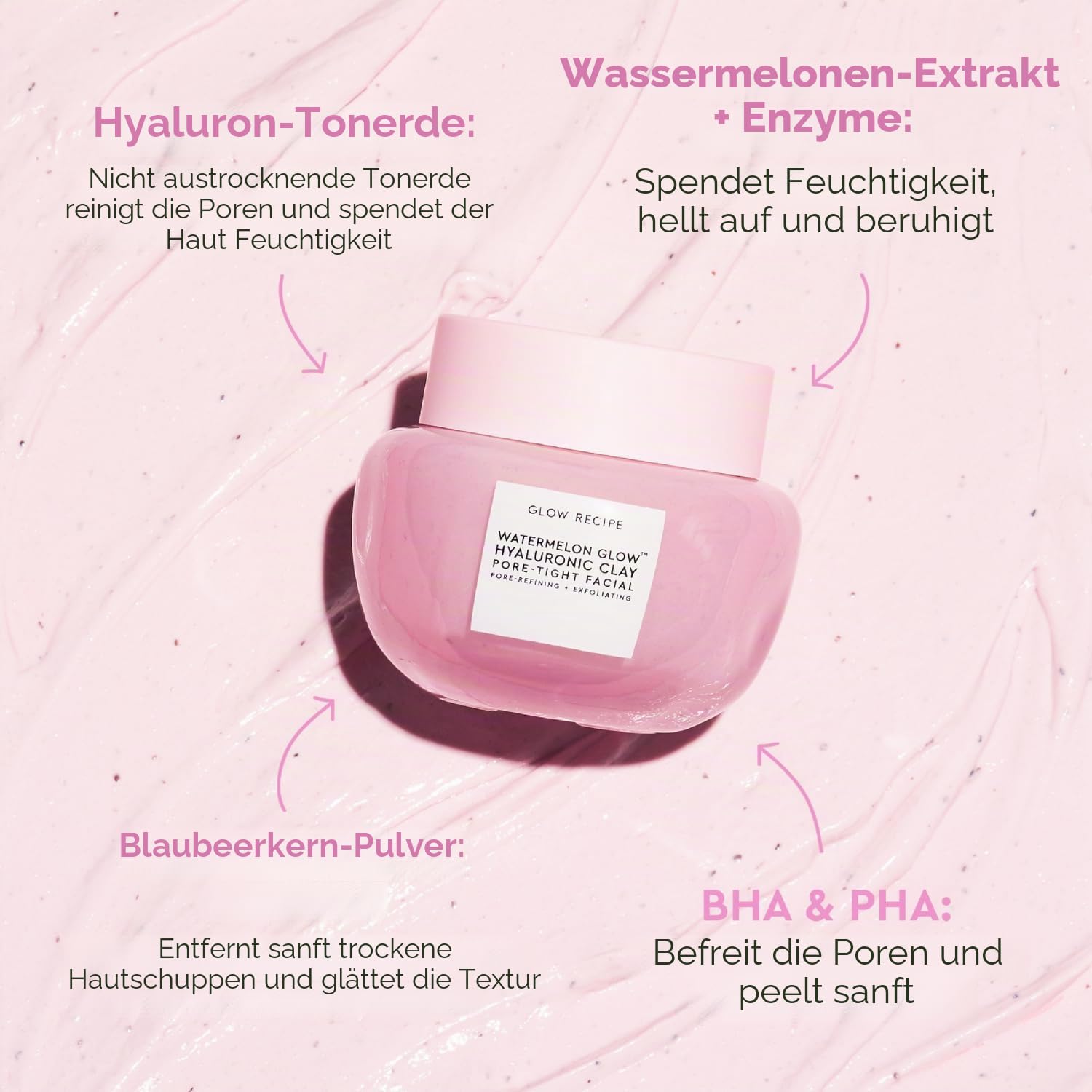 Glow Recipe Watermelon Glow Hyaluron Tonerde porenenges Gesicht – Sanfte Peeling-Tonmaske mit Hyaluronsäure – hilft, das Aussehen von Poren zu minimieren, gleichmäßiger Tonton + Hydrate (60 ml)