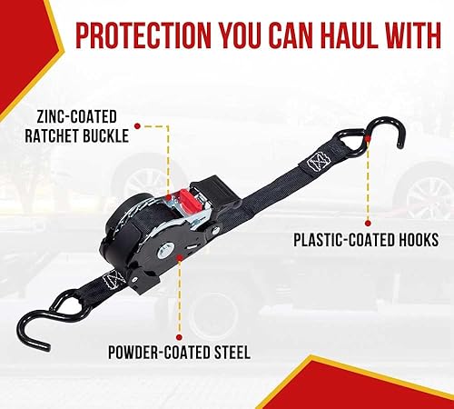 Vista 14 de Mytee Products Paquete de 4 correas de trinquete retráctiles de 1 pulgada x 12 pies con gancho en S recubierto de zinc para motocicletas, Naranja
