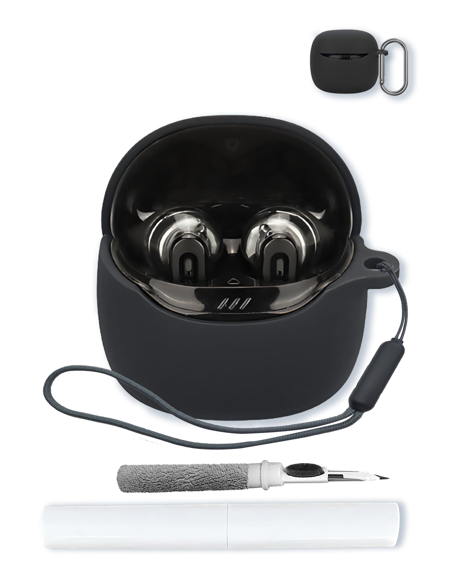 Schutzhülle für JBL Tune Flex 2-True kabellose Geräuschunterdrückung, weicher Schutz, stoßfest, BOVUGAC Silikon-Schutzhülle mit Schlüsselanhänger, Reinigungsset und Umhängeband, Schwarz