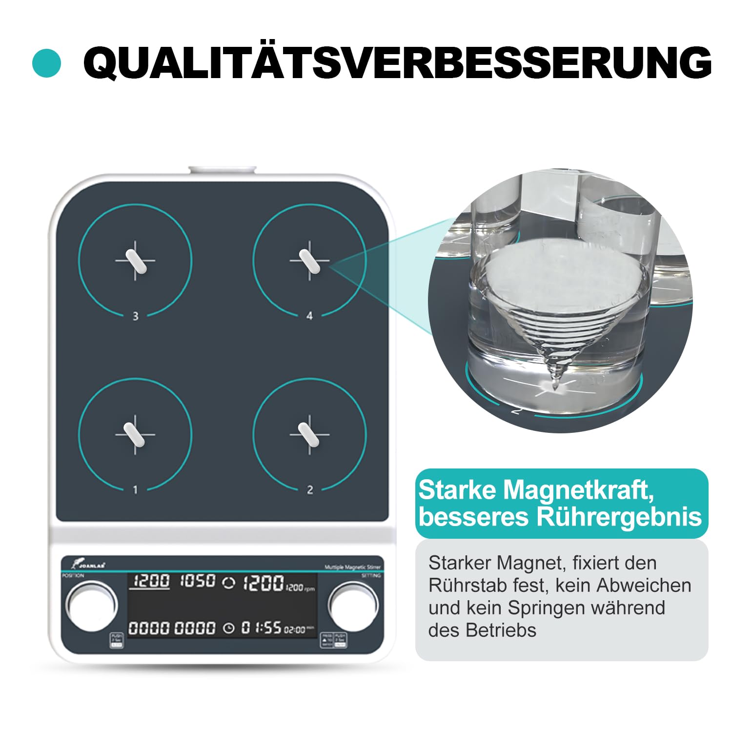 JOANLAB Magnetrührer digital, 4-fach, Mit Sync/Async-Funktion, 50-1500 U/min, Timer, 4x500 ml, für Labor(MMS-4PRO)