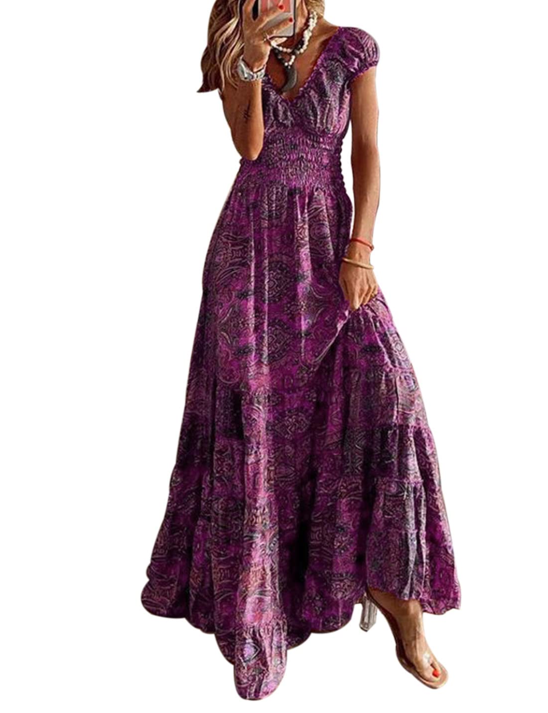 ABYOVRT Vestido Mujer Bohemio Largo Verano Cuello en V Manga Corta Floral Maxi Vestidos Cóctel Falda Larga Chic de Noche Playa Fiesta Vacaciones