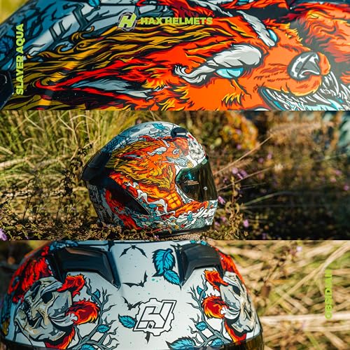 Image of HAX Force Aerodynamic Full Face Motorcycle Helmet for Street Bike DOT & ECE | Night Legend Red XL, Glow-in-the-Dark, Enhanced Dual Visor, Adult Size, Quick Release Buckle, Pinlock /Bluetooth Ready