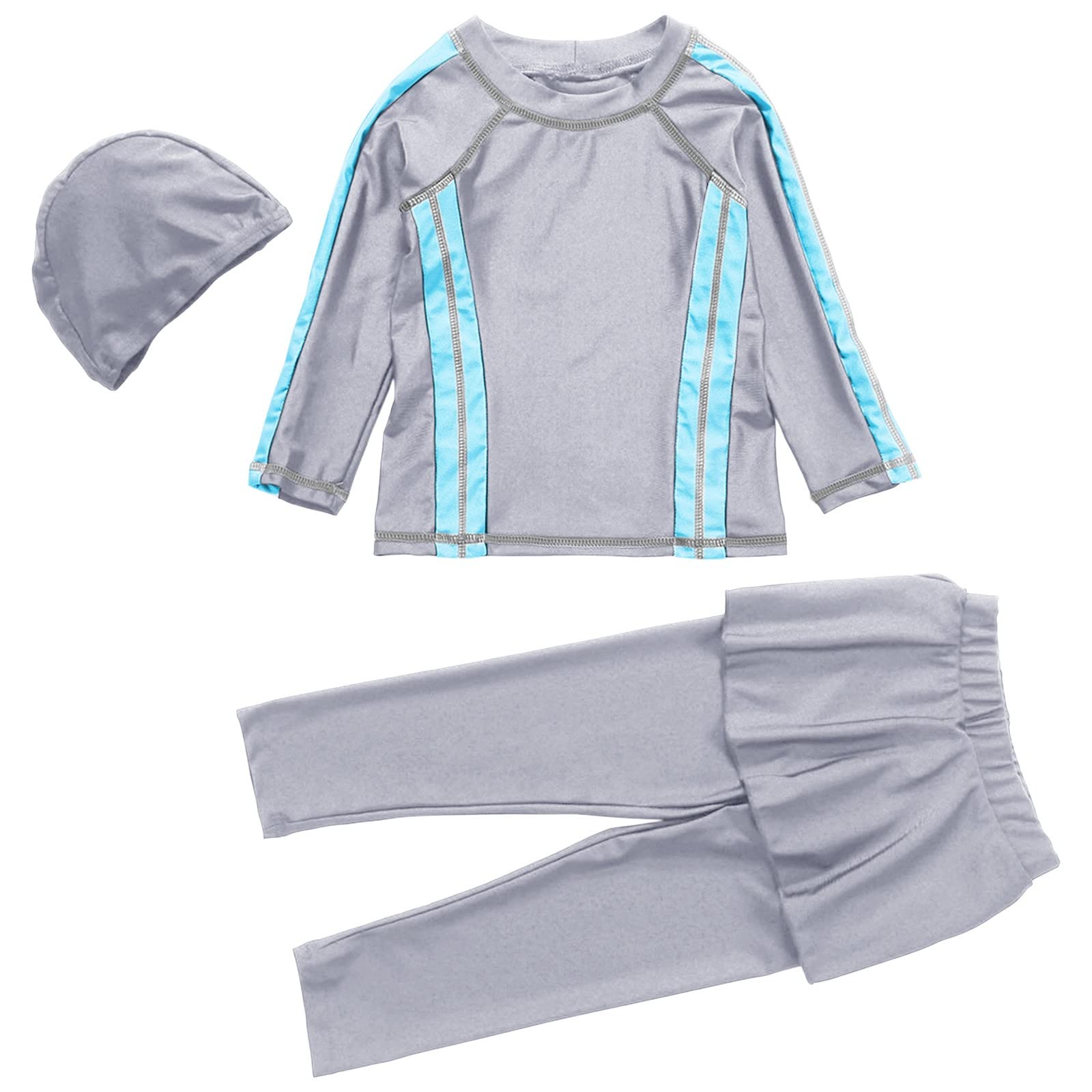RNTOP Girls Swimsuit 3PCS Rash Guard Sets Top+Pant+Cap UPF 50+ Sun Protective Long Sleeve Swimwear (Grey, 14-15 Years)