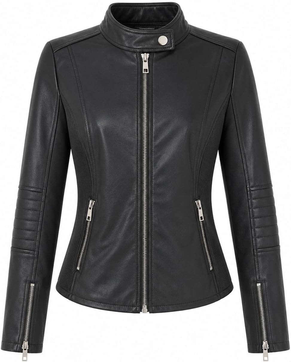 Women's Faux Leather Moto Jacket, Ribbed Side Panels, Junior Fit image 4