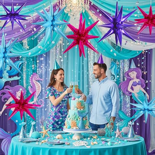 Image of TONIFUL 8 Pcs Green and Gold Explosion Star Foil Balloon Party Decoration | 22 Inch Large Mylar Star Balloon for Girls'Sweet 16 Party Mermaid Themed Underwater Birthday Summer Tropical Beach Pool Decor