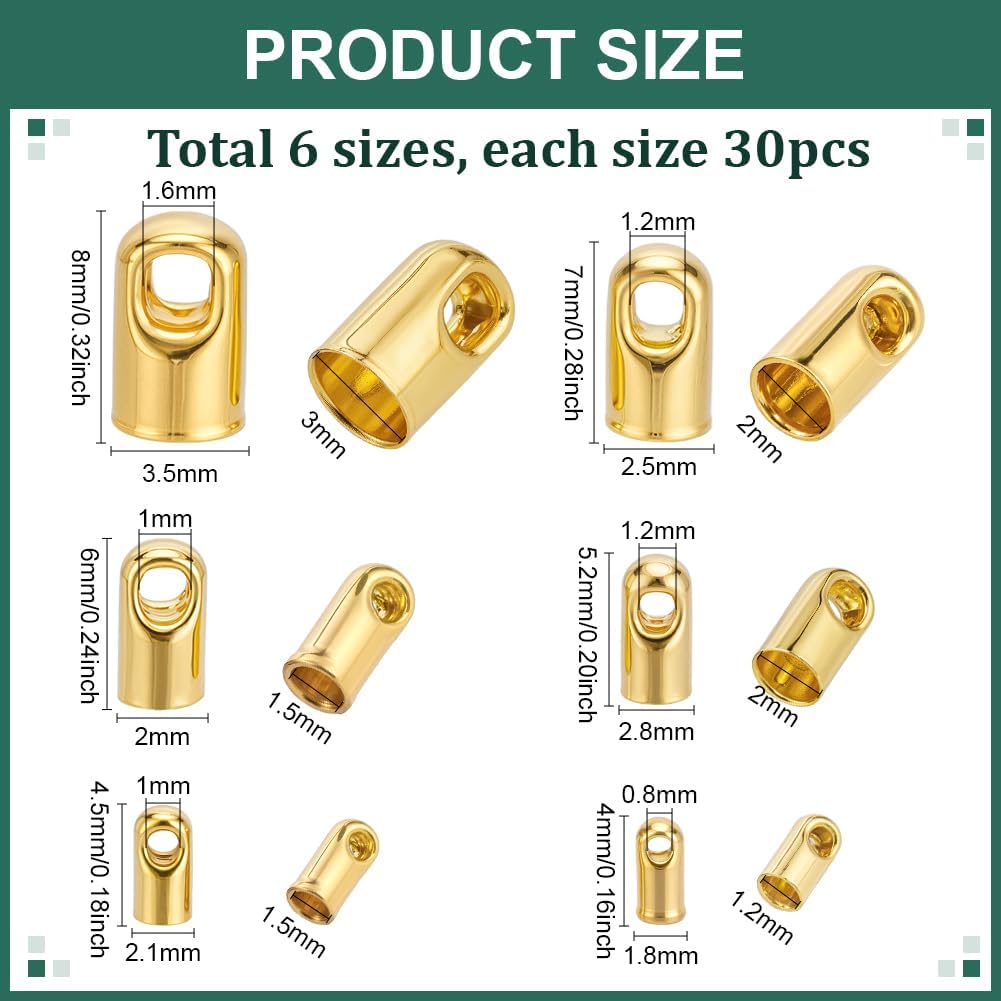 PH PandaHall 180pcs 6 Sizes Gold Cord Ends Caps Brass Bead Loop Barrel Clasp Crimp Beads Tassel Cap Cord Link Buckle for Necklace Bracelet Making